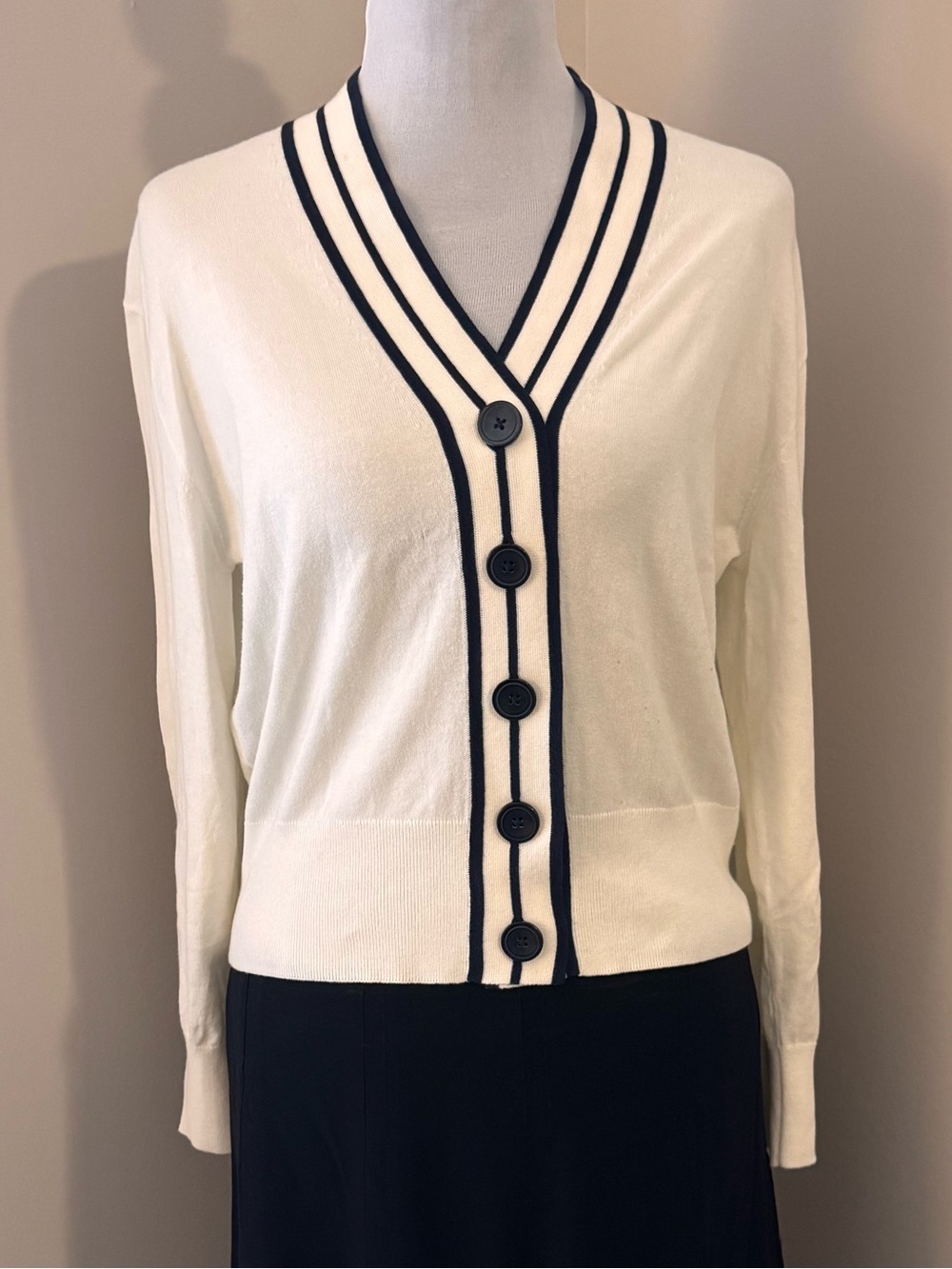 J.Crew Ivory Tipped V-Neck Cardigan Sweater Small Navy Stripe Trim Cotton Blend